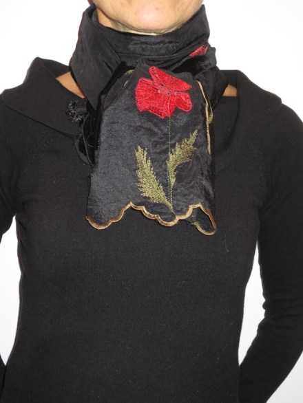 Appliqued-red-pansy-and-black-velvet-scarf